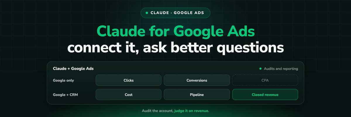 Claude for Google Ads: a chat asking for an account audit, answered from Google Ads data through MCP