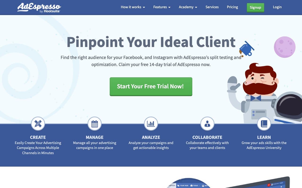 AdEspresso homepage, above the fold