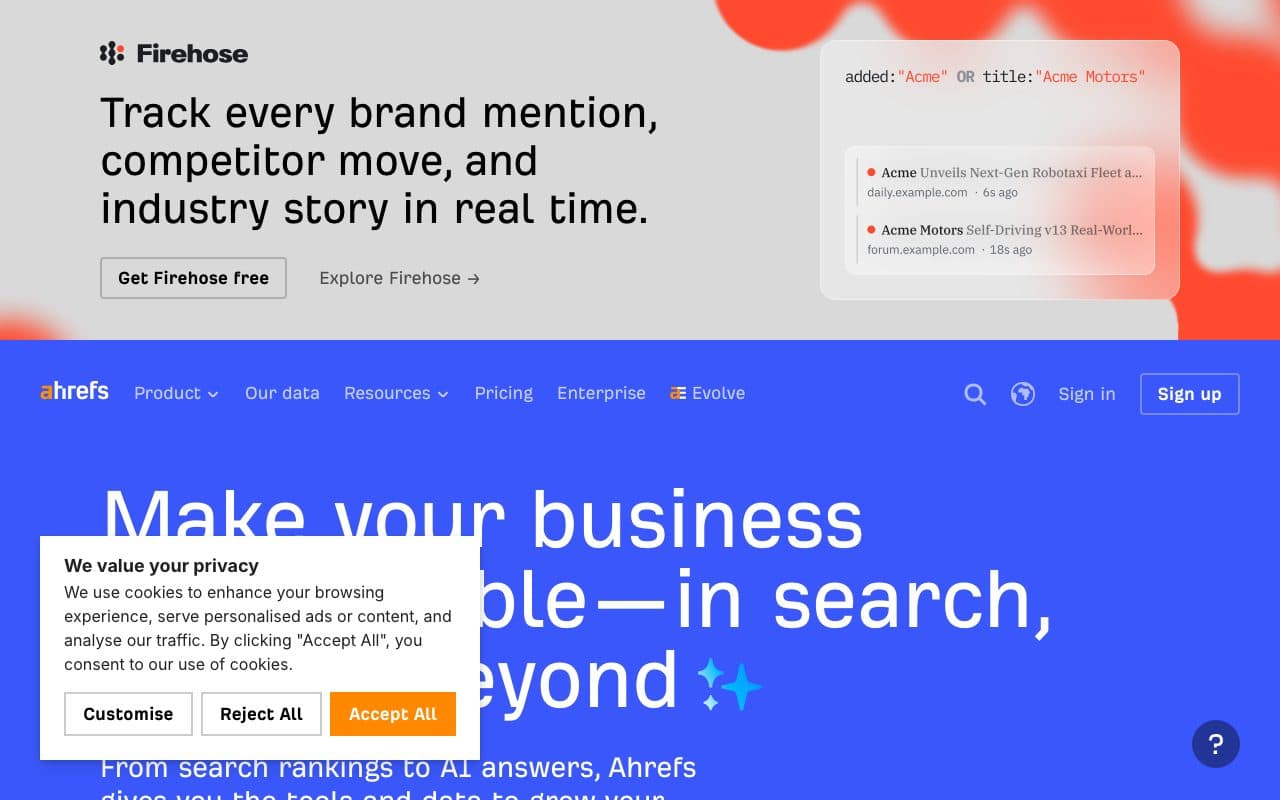 Ahrefs homepage, above the fold