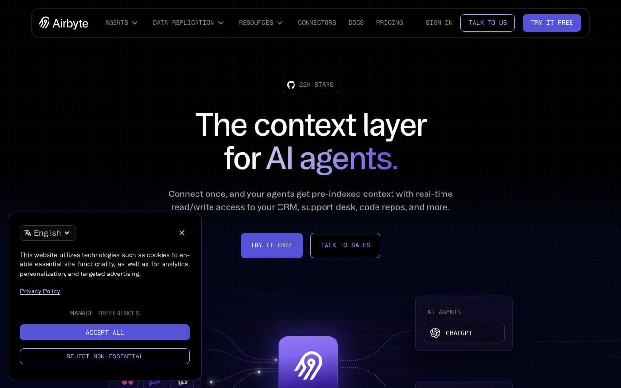 Airbyte homepage, above the fold