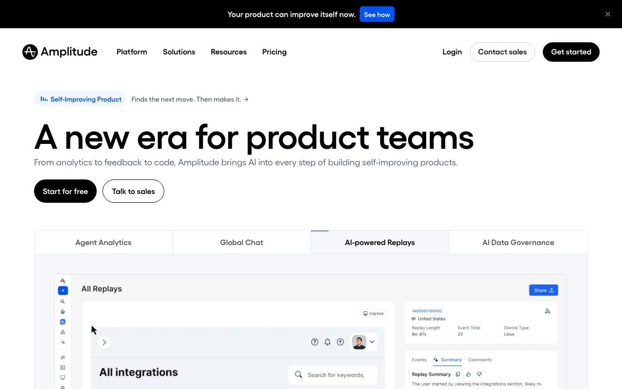 Amplitude homepage, above the fold