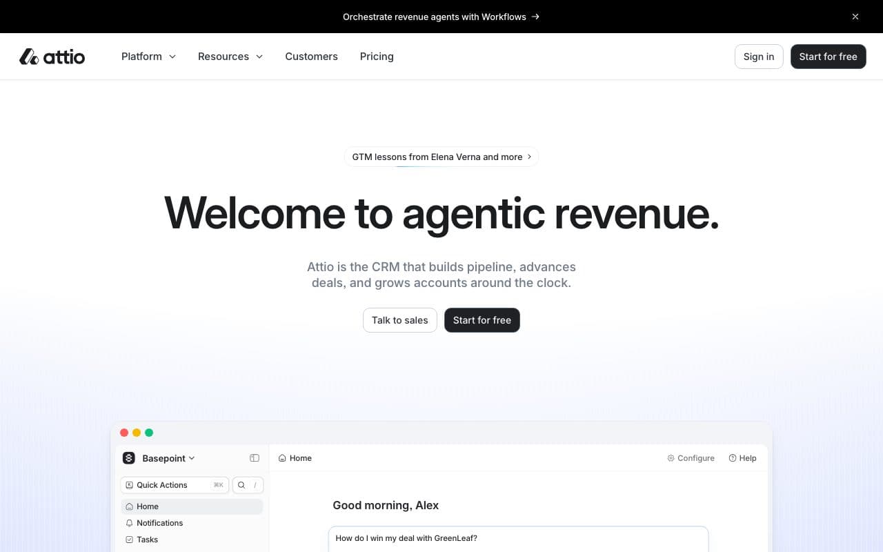 Attio homepage, above the fold