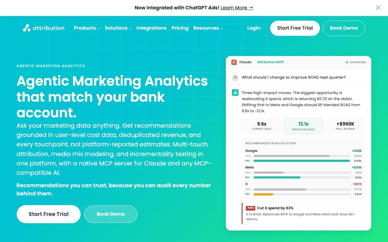 Attribution App homepage, above the fold