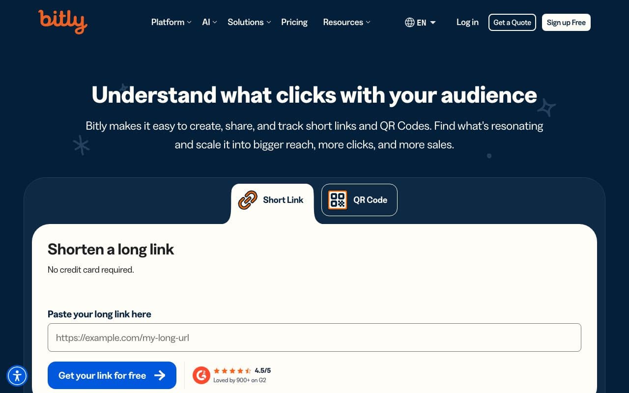 Bitly homepage, above the fold