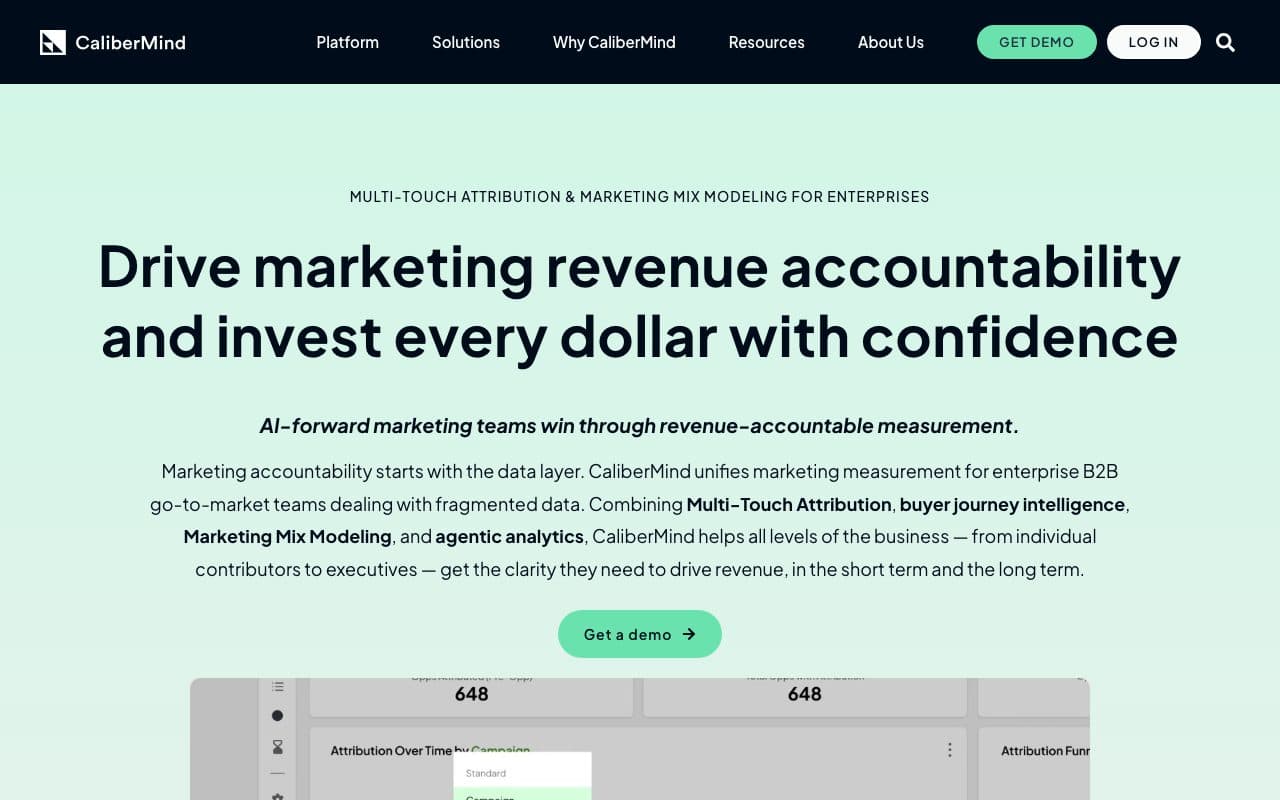 CaliberMind homepage, above the fold