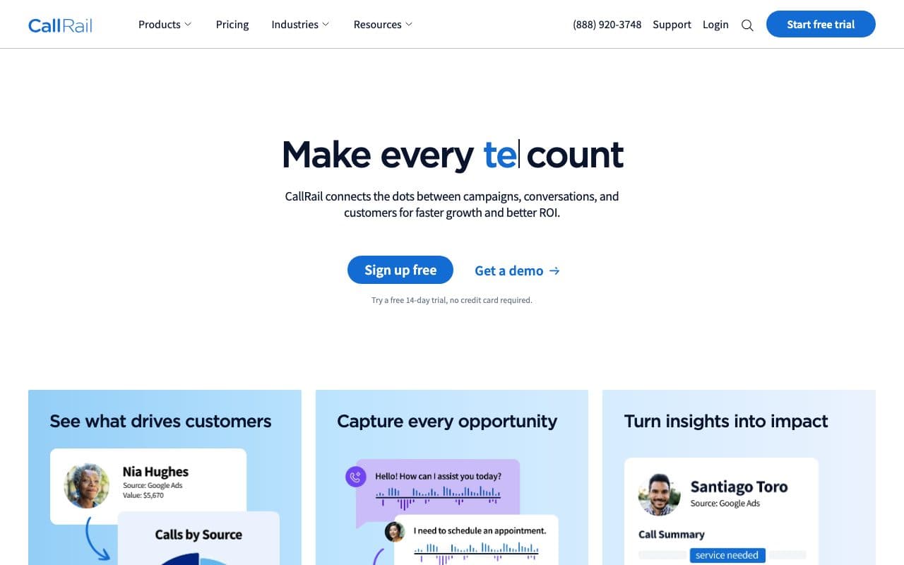 CallRail homepage, above the fold