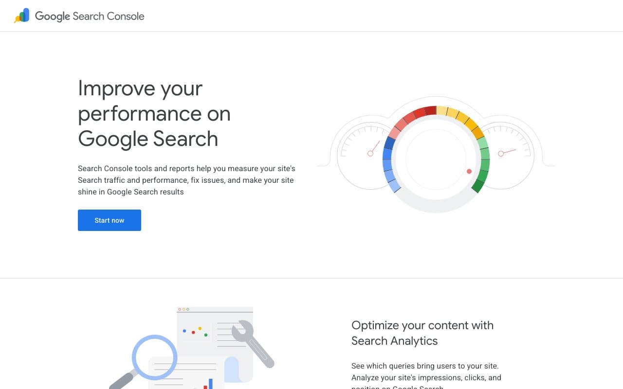 Google Search Console homepage, above the fold