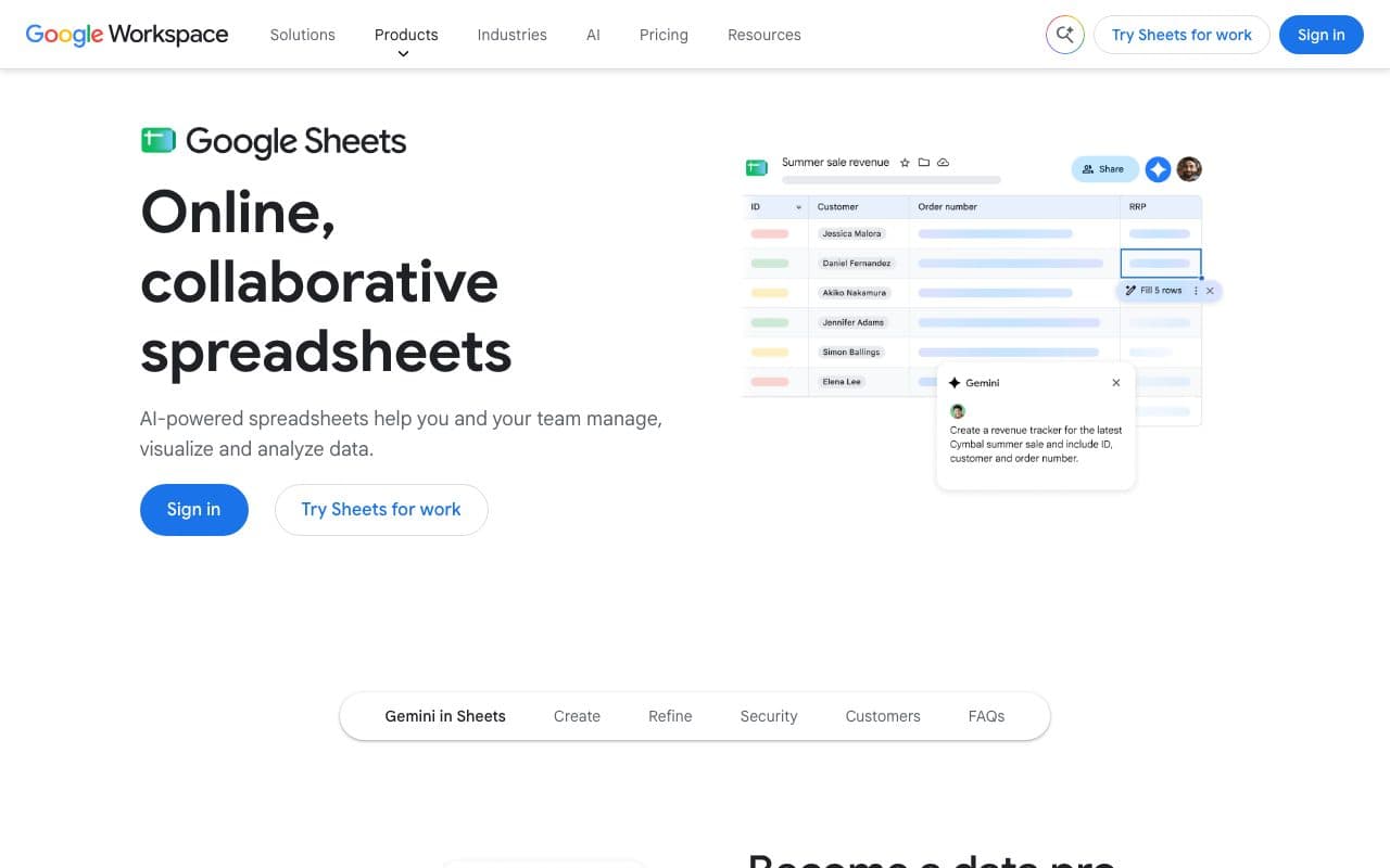Google Sheets homepage, above the fold