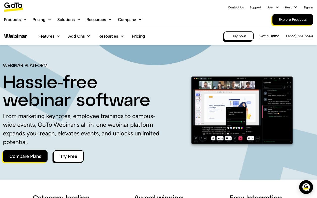 GoTo Webinar homepage, above the fold