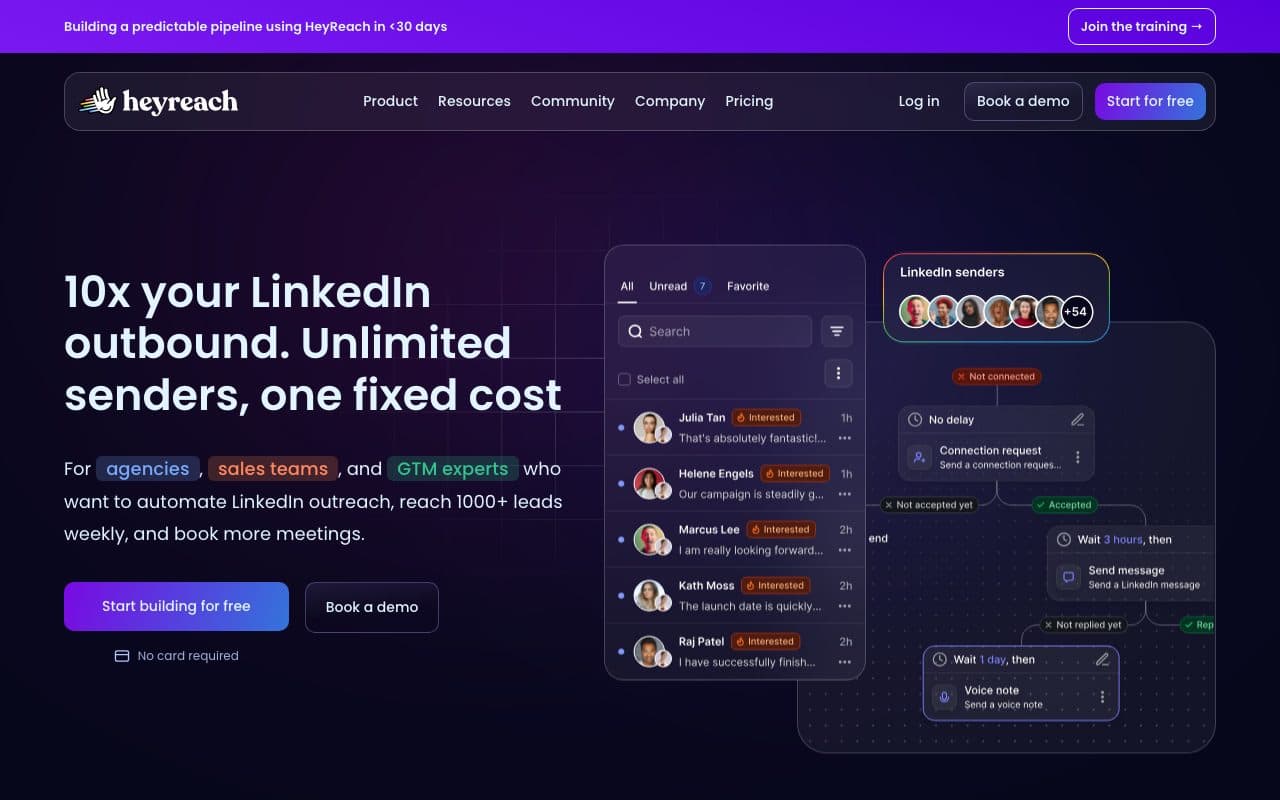 HeyReach homepage, above the fold