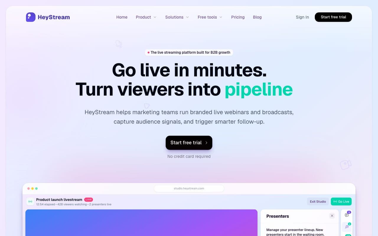 HeyStream homepage, above the fold