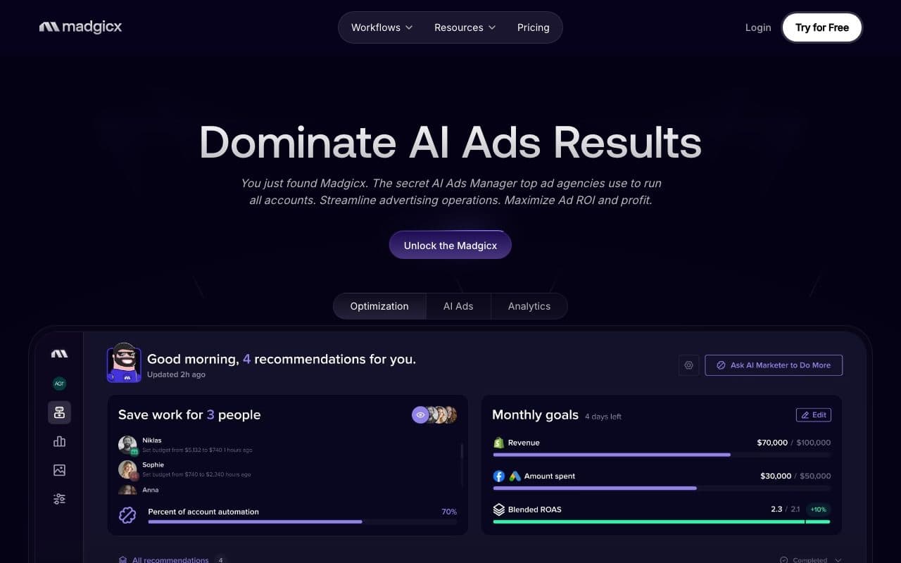 Madgicx homepage, above the fold