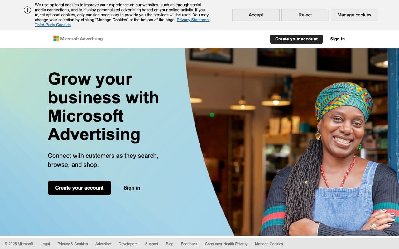 Microsoft Ads Conversion API homepage, above the fold