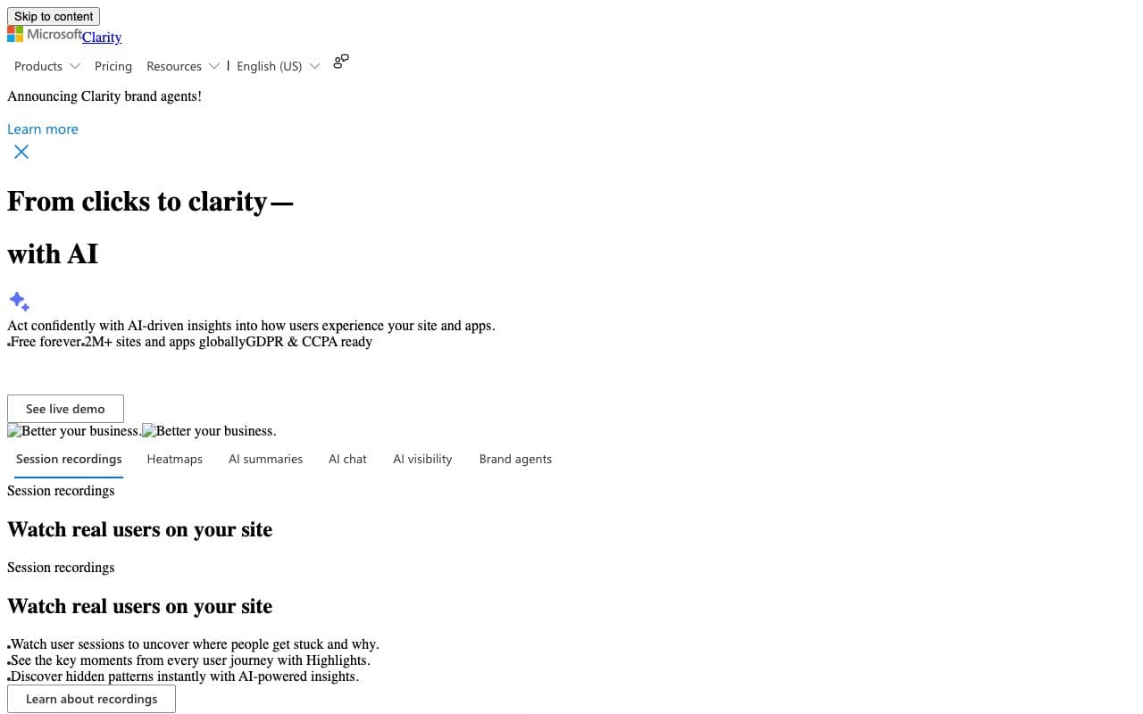Microsoft Clarity homepage, above the fold