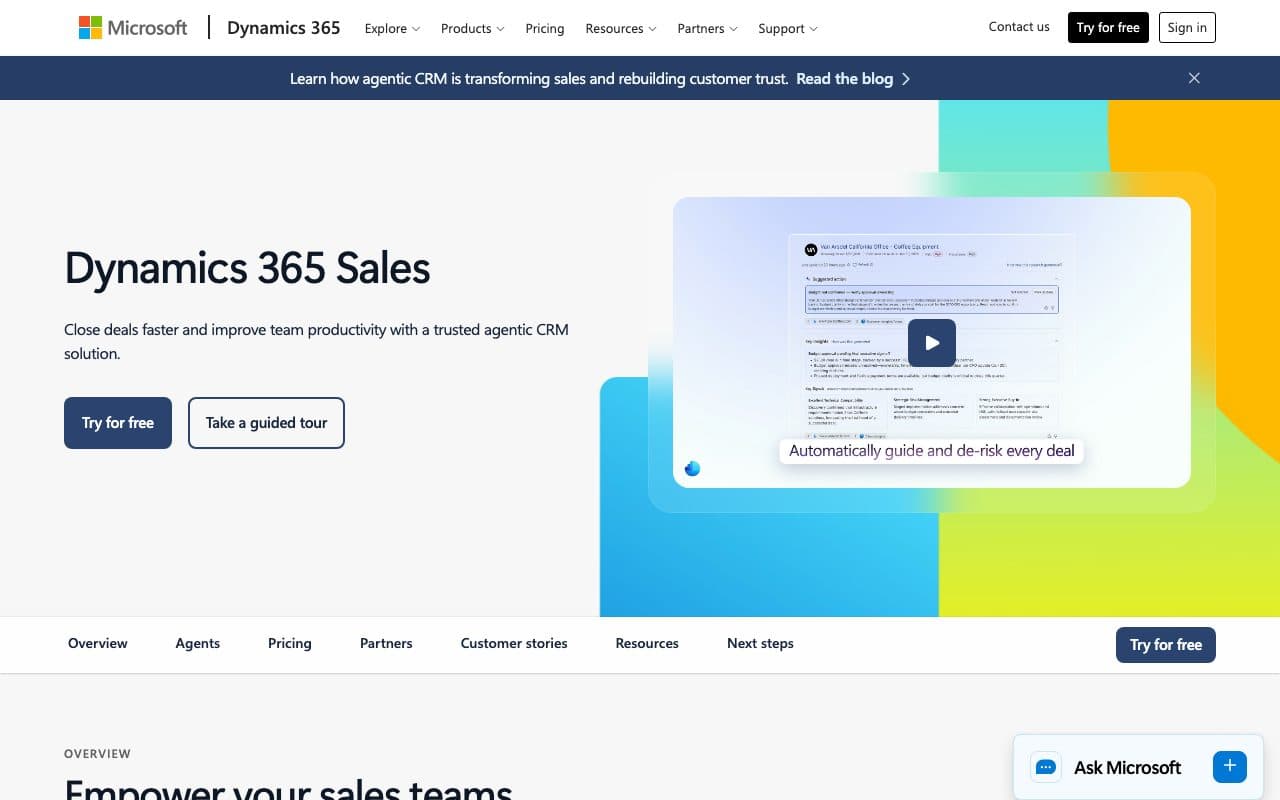Microsoft Dynamics 365 Sales homepage, above the fold