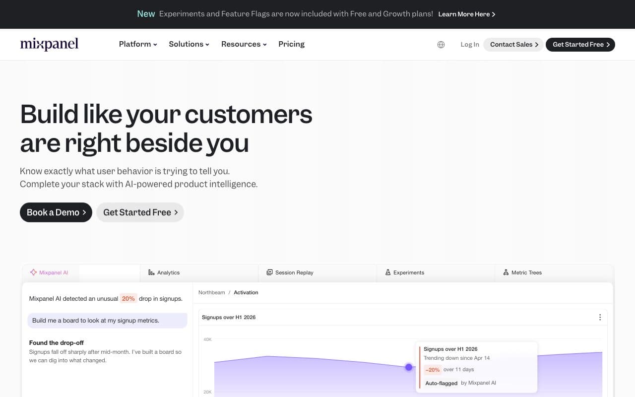 Mixpanel homepage, above the fold