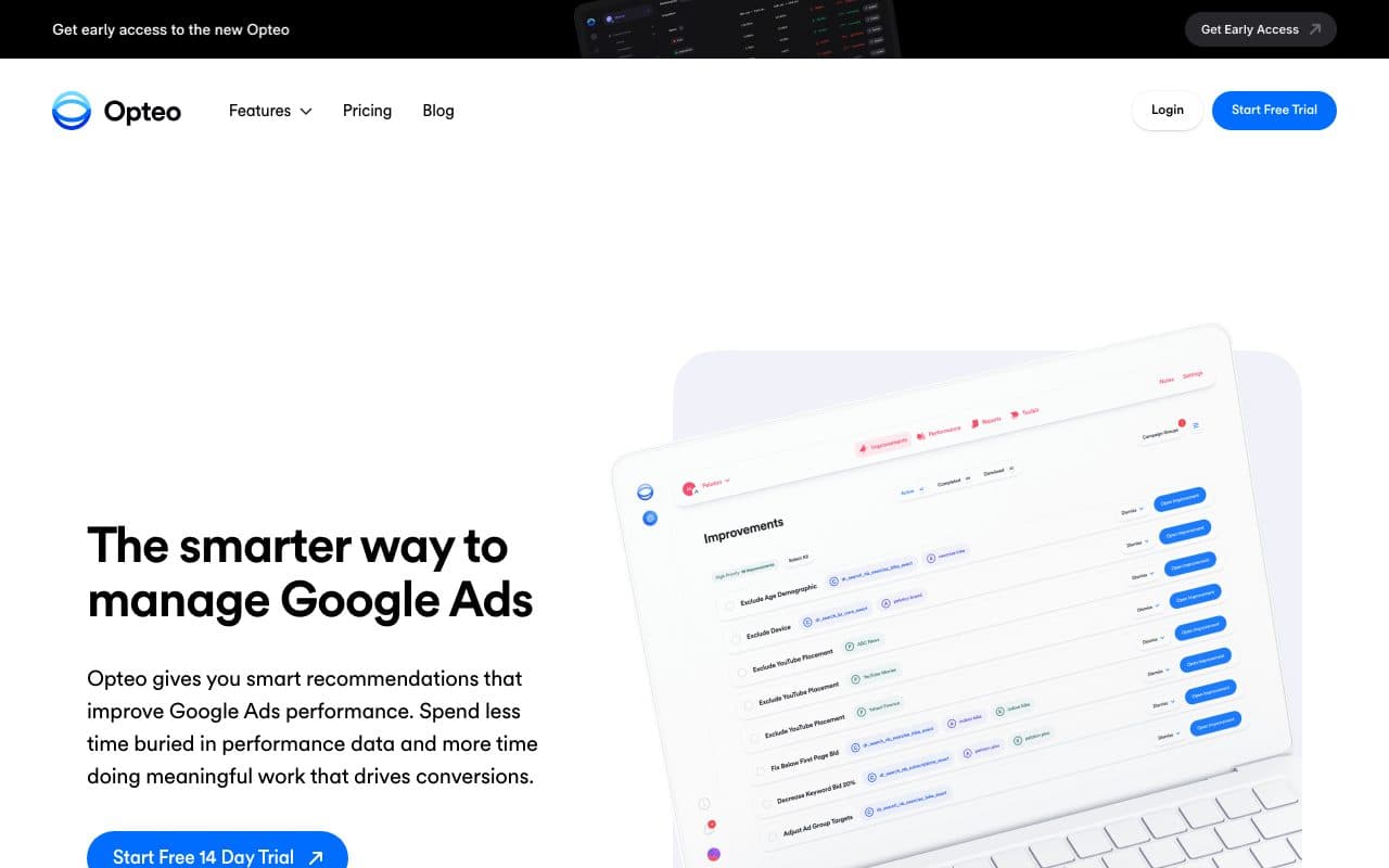 Opteo homepage, above the fold