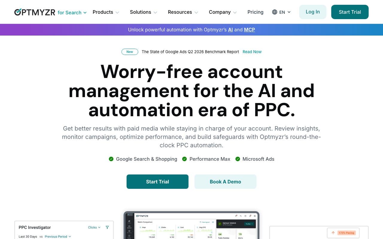 Optmyzr homepage, above the fold