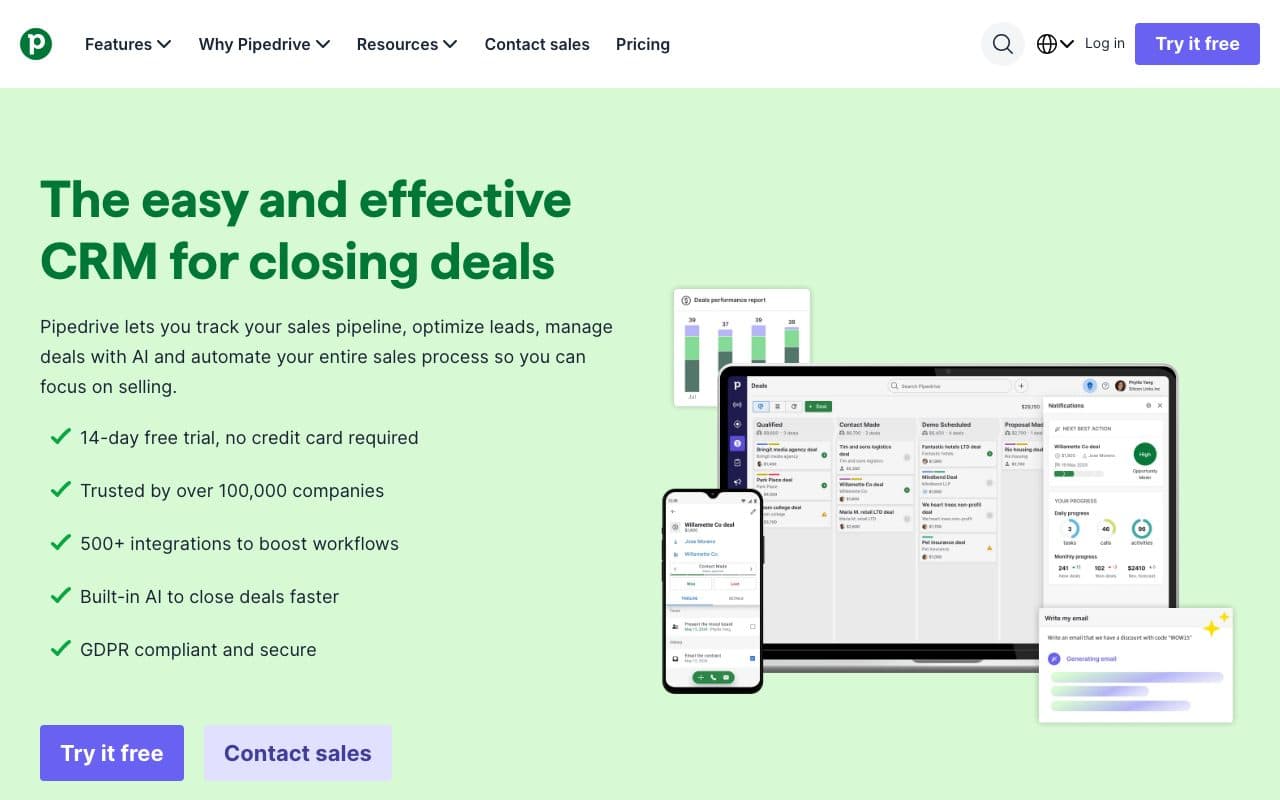 Pipedrive homepage, above the fold