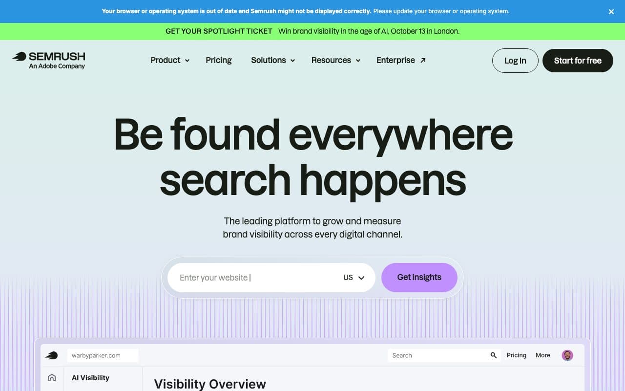 Semrush homepage, above the fold