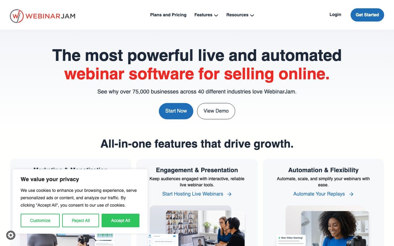 WebinarJam homepage, above the fold