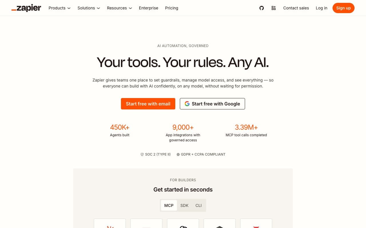 Zapier homepage, above the fold