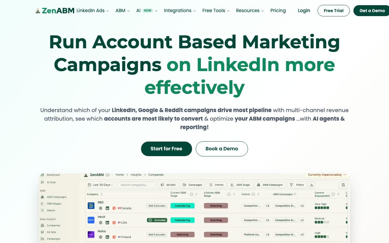 ZenABM homepage, above the fold