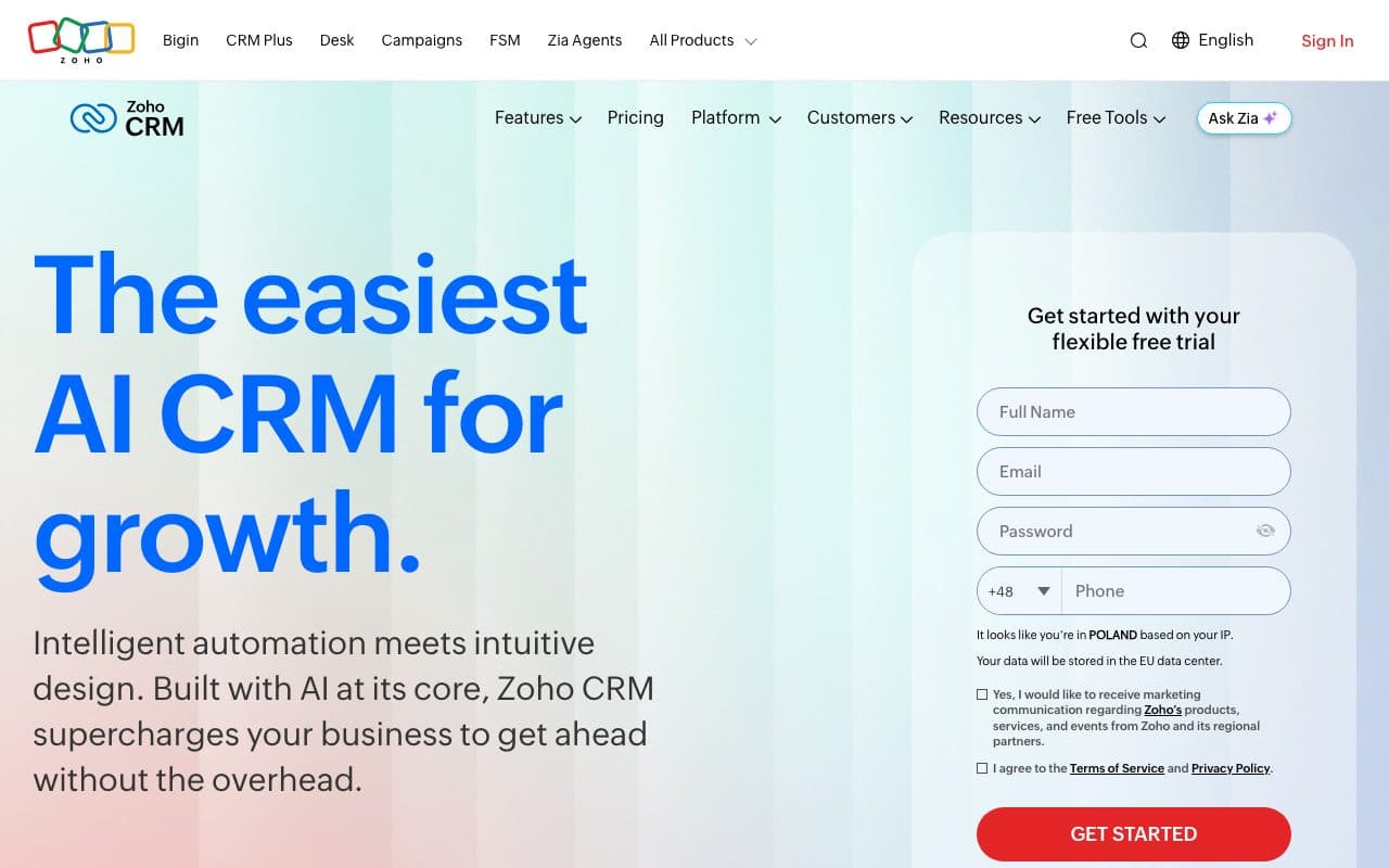 Zoho CRM homepage, above the fold