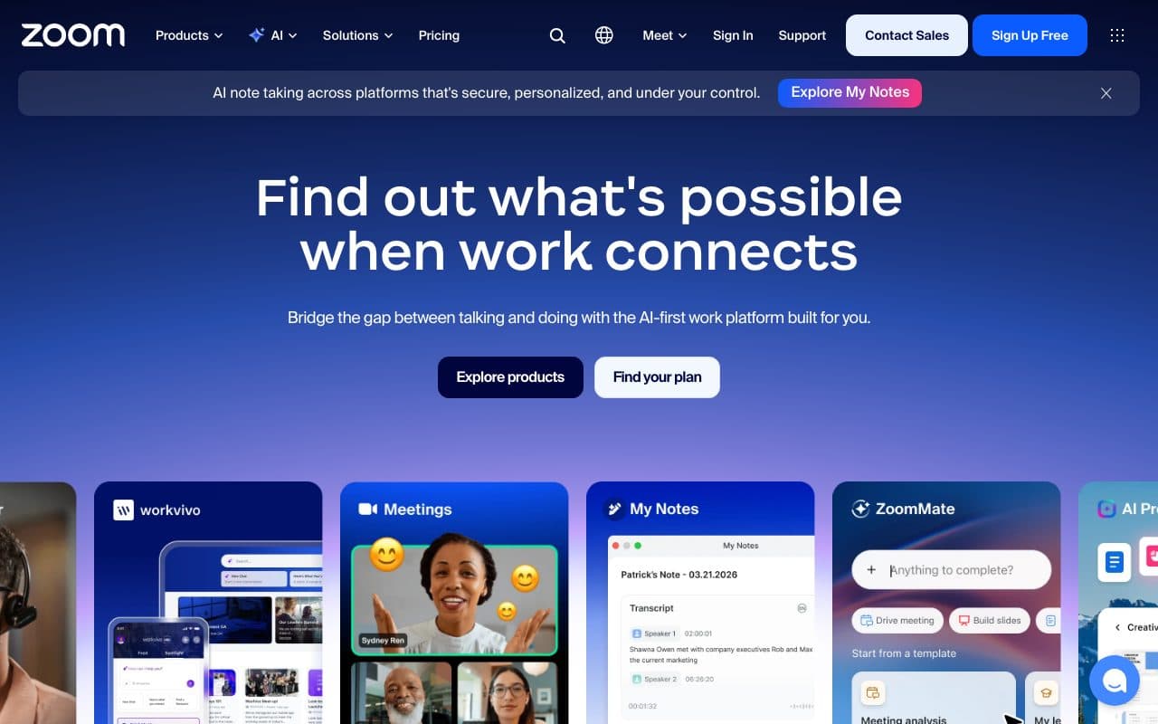 Zoom Webinars homepage, above the fold