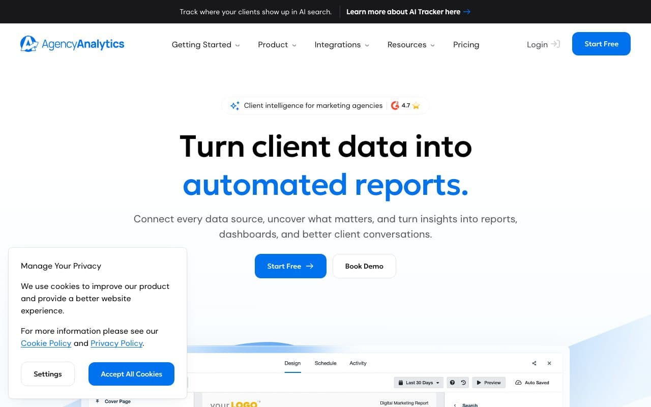 AgencyAnalytics homepage, above the fold