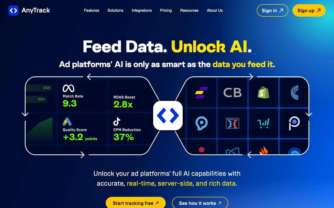 AnyTrack homepage, above the fold