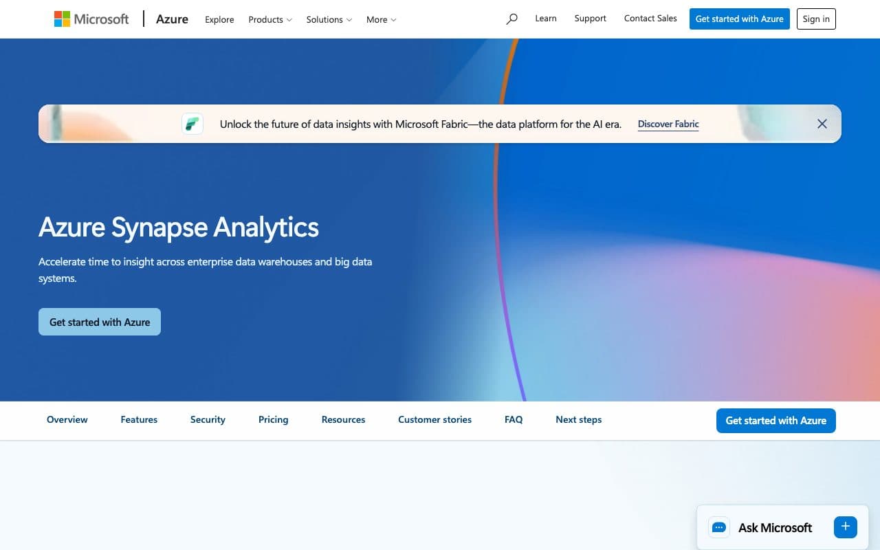 Azure Synapse Analytics product page, above the fold
