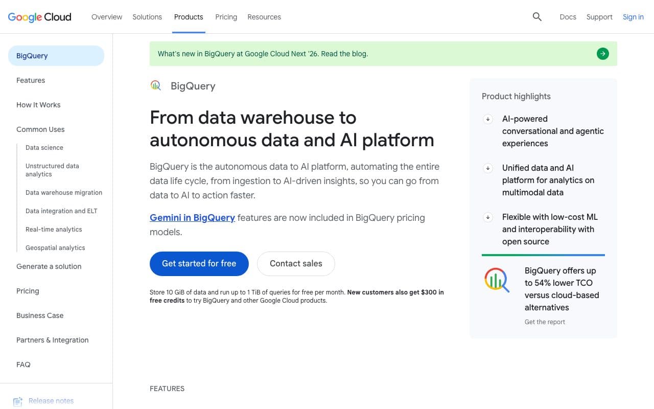 Google BigQuery homepage, above the fold