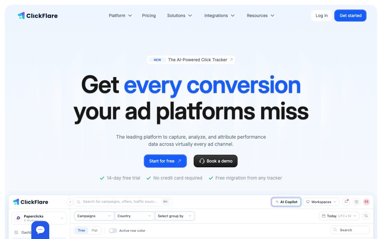 ClickFlare homepage, above the fold
