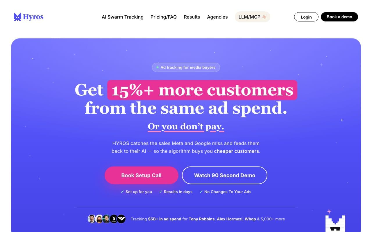 Hyros homepage, above the fold