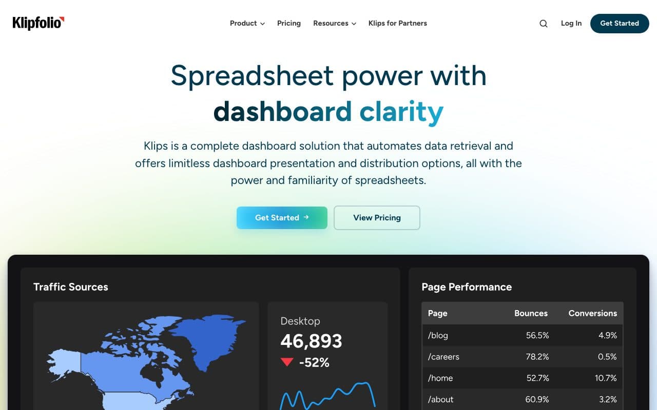 Klipfolio homepage, above the fold