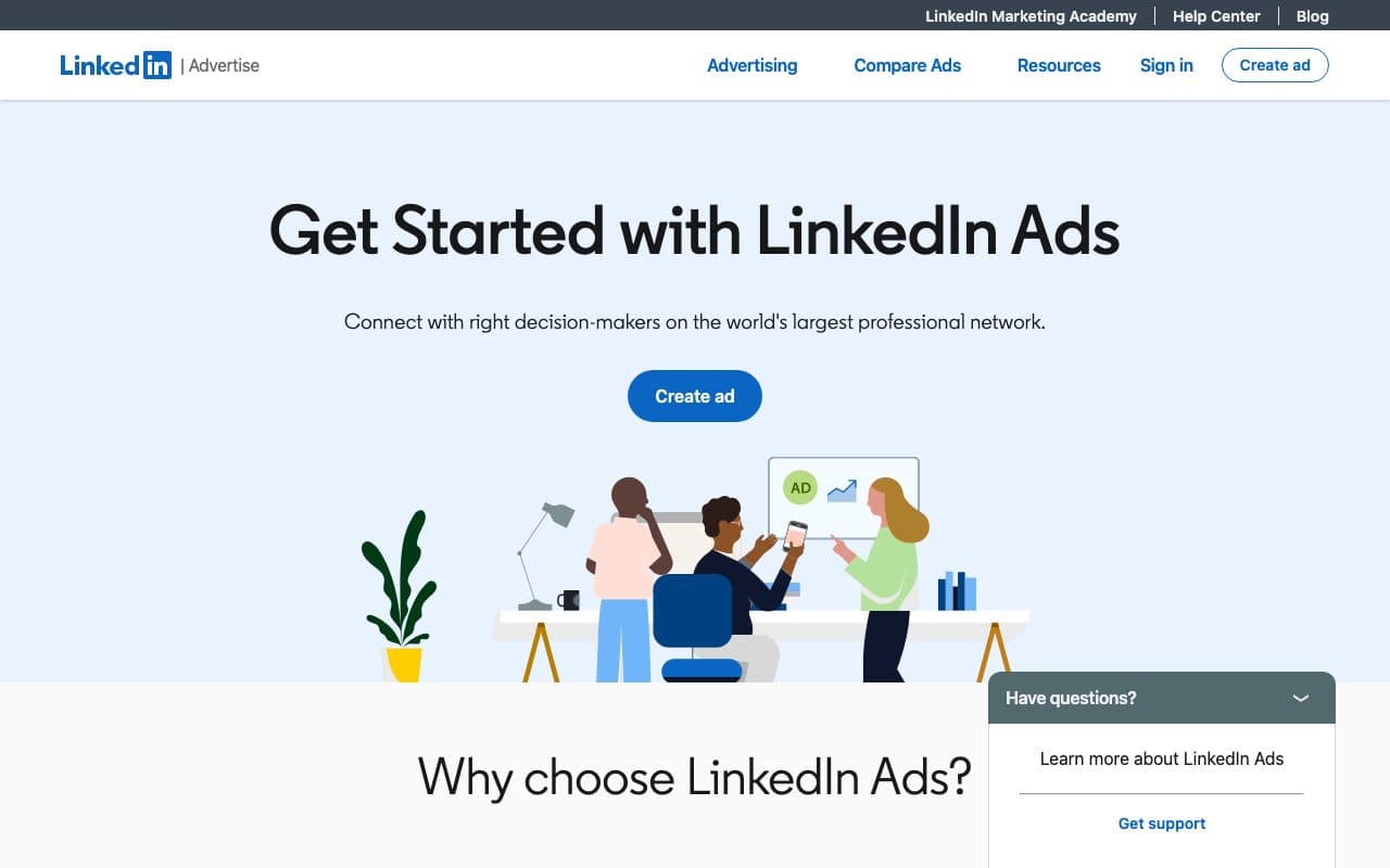 LinkedIn's Campaign Manager landing page, above the fold