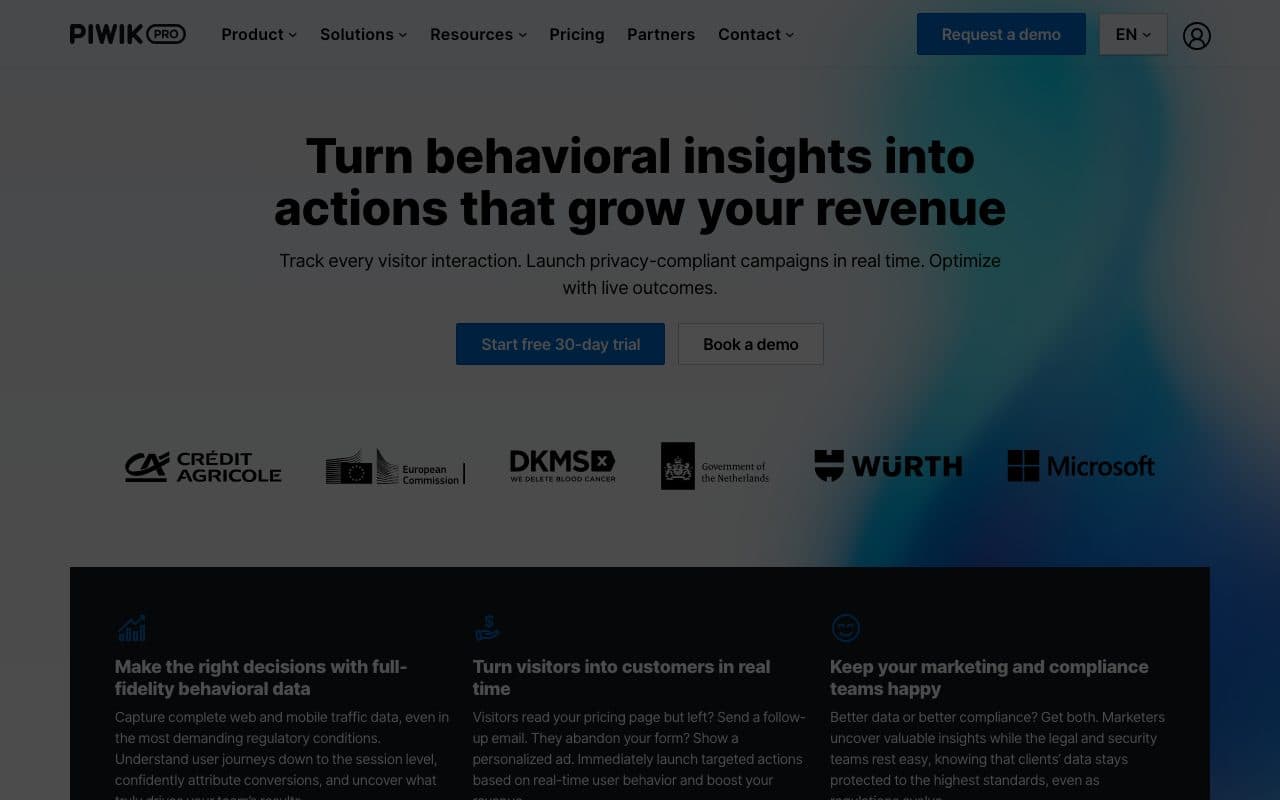 Piwik PRO homepage, above the fold