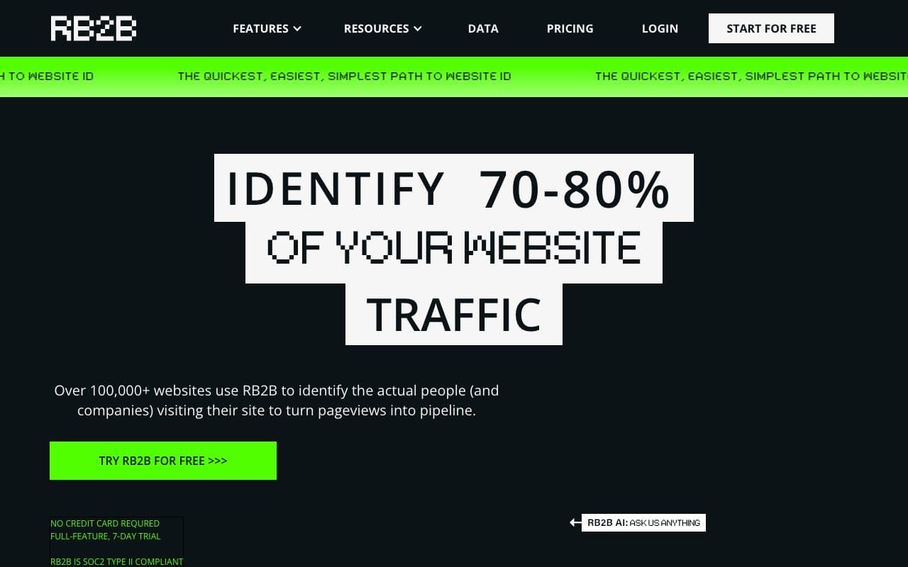 RB2B homepage, above the fold