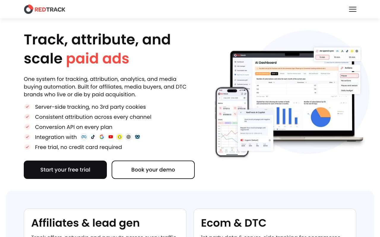 RedTrack homepage, above the fold