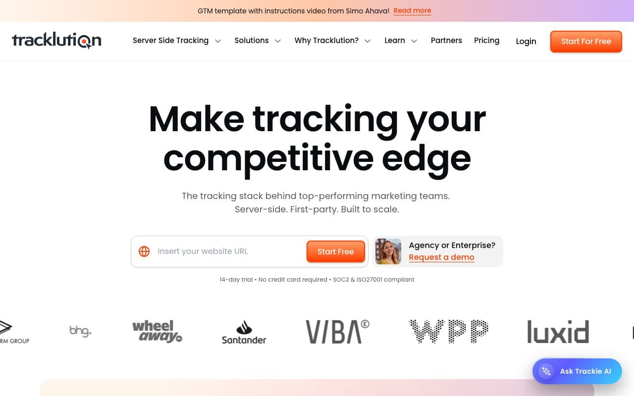 Tracklution homepage, above the fold